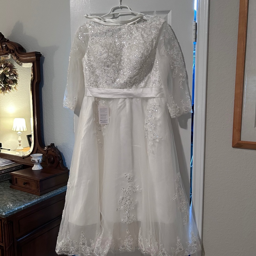 Custom tea length white wedding dress - size 8/10